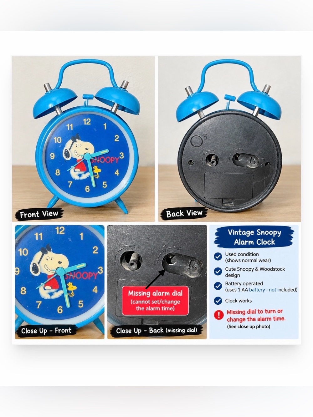 Vintage Snoopy Alarm Clock Battery Operated in Blue